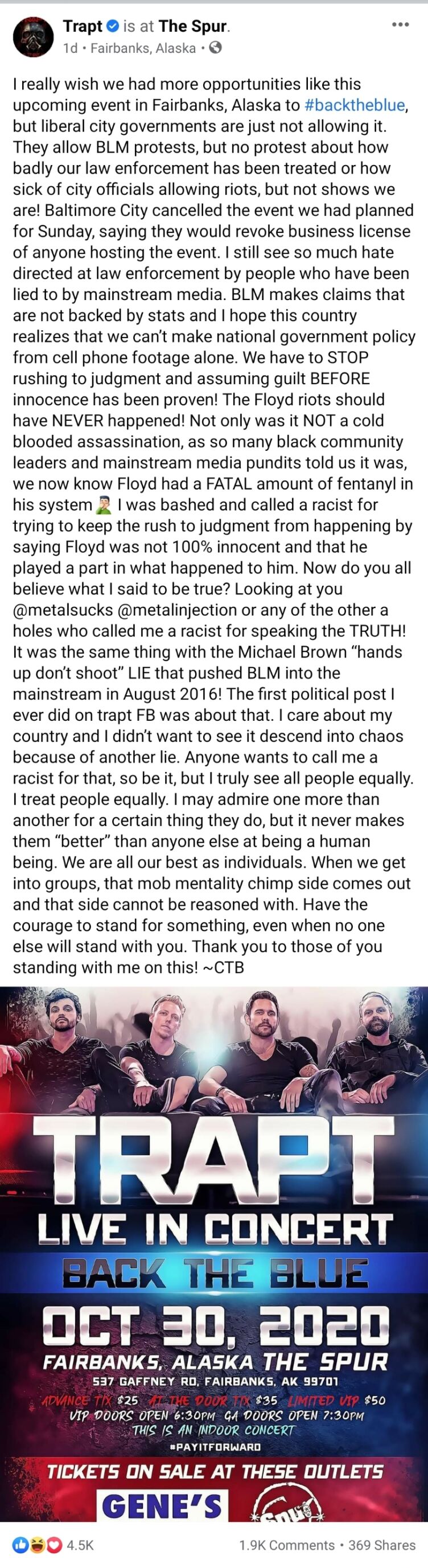 Trapt Facebook post
